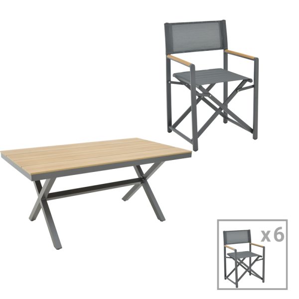 200 000775 Mabu-Thorio dining table set of 7 pakoworld anthracite aluminum and plywood in a natural shade 160x90x75cmOutdoor furniture > Garden food table