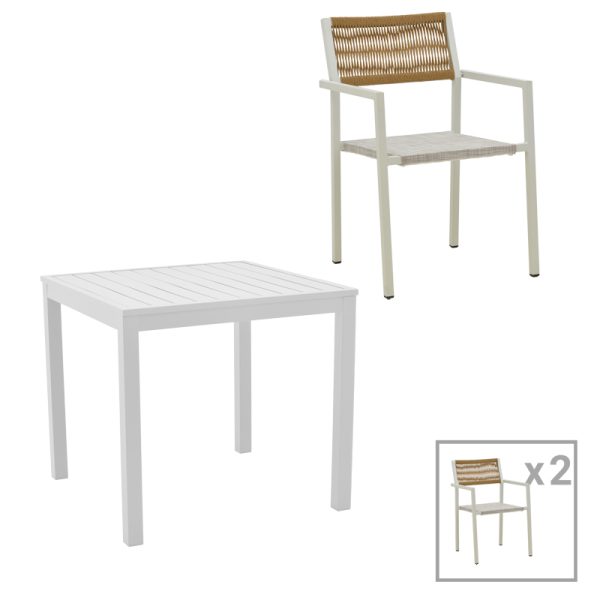 200 000788 Dining table Savor-Kliton set of 3 pakoworld white aluminum and rattan in natural color 80x80x74cmOutdoor furniture > Garden food table