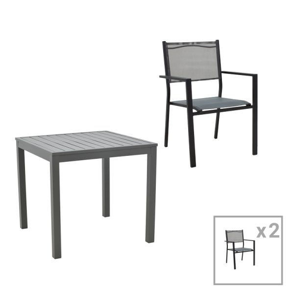 200 000814 Dining table Moly - Kliton set of 3 pakoworld anthracite and black aluminium-textilene in anthracite shade 80x80x74cmOutdoor furniture > Garden food table