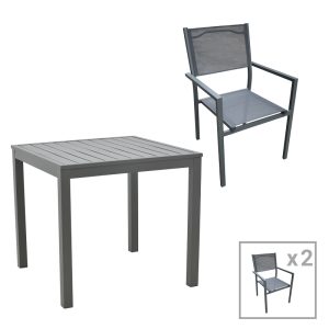 200 000816 Dining table Moly - Kliton I set of 3 pakoworld anthracite aluminum and textilene in anthracite shade 80x80x74cmOutdoor furniture > Garden food table
