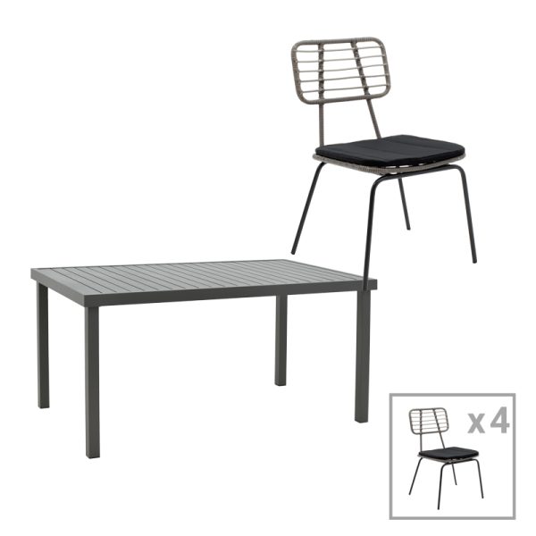200 000820 Dining table Naoki-Kliton A set of 5 pakoworld black metal and anthracite aluminum 150x80x74cmEASTER OFFERS