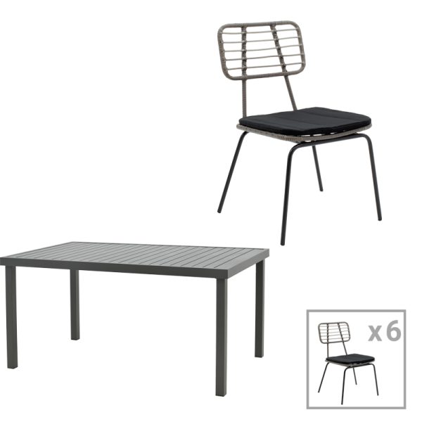 200 000823 Dining table Naoki-Kliton A set of 7 pakoworld black metal and anthracite aluminum 150x80x74cmOutdoor furniture > Garden food table