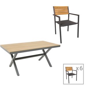 200 000824 Thorio-Savor dining table set of 7 pakoworld anthracite aluminum and plywood in a natural shade 160x90x75cmOutdoor furniture > Garden food table