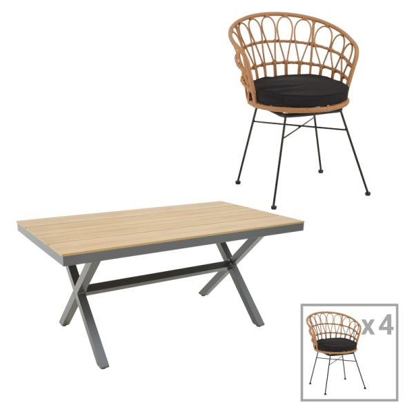 200 000826 Thorio-Felicia dining table set of 5 pakoworld anthracite aluminum and plywood in a natural shade 160x90x75cmOutdoor furniture > Garden food table
