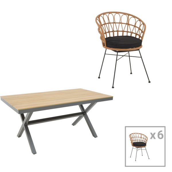 200 000828 Thorio-Felicia dining table set of 7 pakoworld anthracite aluminum and plywood in a natural shade 160x90x75cmOutdoor furniture > Garden food table