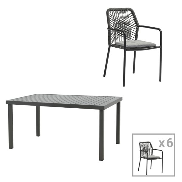200 000844 Kherson-Kliton dining table A set of 7 pakoworld aluminum and rope in anthracite shade 150x80x74cmOutdoor furniture > Garden food table