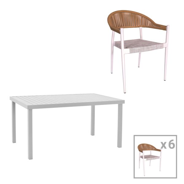 200 000866 Kliton-Elation dining table set of 7 pakoworld aluminum in white shade 150x80x74cmOutdoor furniture > Garden food table