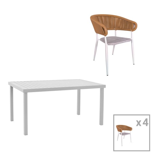 200 000867 Dining table Kliton-Raven set of 5 pakoworld aluminum in white shade 150x80x74cmOutdoor furniture > Garden food table