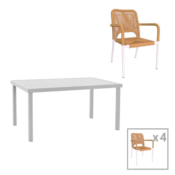 200 000869 Kliton-Norture dining table set of 5 pakoworld aluminum in white shade 150x80x74cmOutdoor furniture > Garden food table
