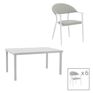 200 000876 Dining table Kliton-Pino set of 7 pakoworld aluminum in white shade 150x80x74cmSPRING OFFERS