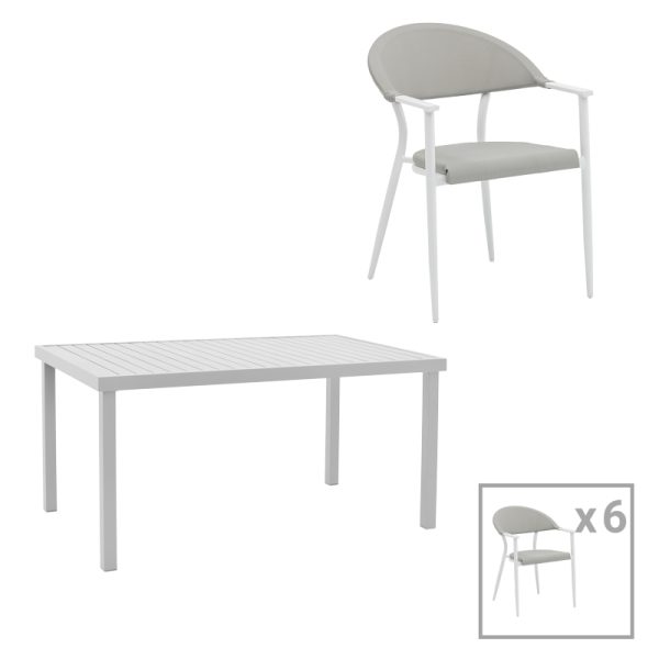 200 000876 Dining table Kliton-Pino set of 7 pakoworld aluminum in white shade 150x80x74cmSPRING OFFERS
