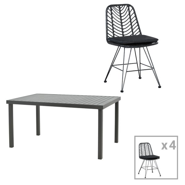 200 000883 Dining table Naoki-Kliton I set of 5 pakoworld anthracite aluminum and pe rattan in black shade 150x80x74cmOutdoor furniture > Garden food table