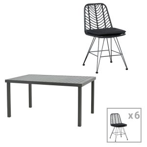 200 000884 Dining table Naoki-Kliton II set of 7 pakoworld anthracite aluminum and pe rattan in black shade 150x80x74cmOutdoor furniture > Garden food table