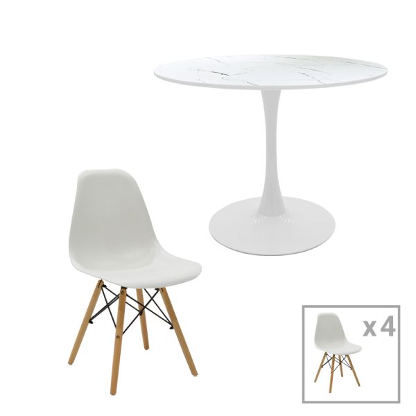 200 001010 Julita-Balou I pakoworld dining table set of 5 pp-mdf in white marble color D120x75cmIndoor furniture > Dinning sets