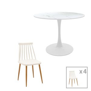 200 001012 Aurora-Balou I pakoworld dining table set of 5 pp-mdf in white marble color D120x75cmIndoor furniture > Dinning sets