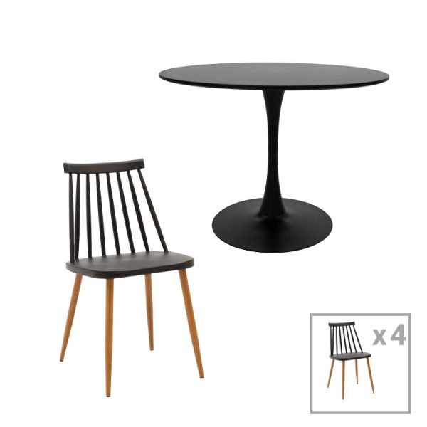 200 001019 Aurora-Balou pakoworld dining table set of 5 pp-mdf in black-natural color D100x75cmIndoor furniture > Dinning sets