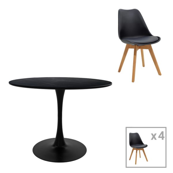 200 001027 Gaston-Balou I pakoworld dining table set of 5 pp-mdf in black-natural color D120x75cmIndoor furniture > Dinning sets