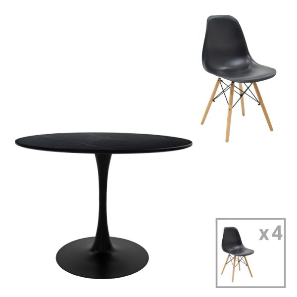 200 001028 Julita-Balou I dining table set of 5 pakoworld MDF-PP in black-natural color D120x75cmIndoor furniture > Dinning sets