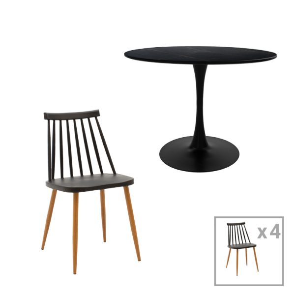 200 001029 Aurora-Balou I pakoworld dining table set of 5 pp-mdf in black-natural color D120x75cmIndoor furniture > Dinning sets
