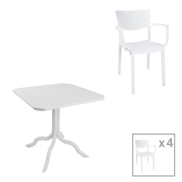 253 000109 Dining table Icon-Fontline pakoworld set of 5 pieces PP in white shadeOutdoor furniture > Garden food table