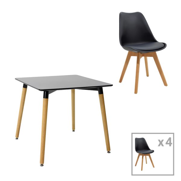 271 000030 Dining table Natali-Gaston set of 5 pakoworld MDF and beech wood in black-natural shade 80x80x76cmIndoor furniture > Dinning sets