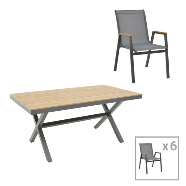 288 000018 Thorio-Azelie dining table set of 7 pakoworld anthracite aluminum and plywood in natural shade 160x90x75cmOutdoor furniture > Garden food table