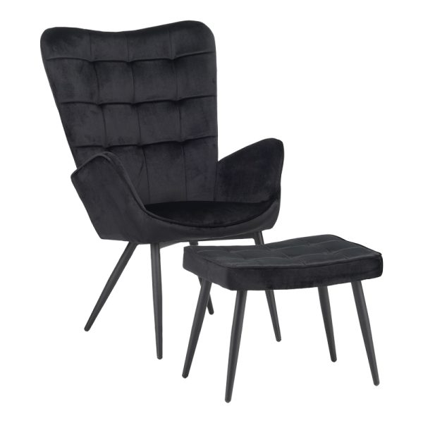 029 000217 Armchair with footstool Dorita pakoworld velvet black-leg black metal 68.5x76x103cmIndoor furniture > Living room armchairs