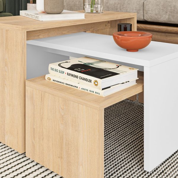 119 001243 4 Kantar pakoworld coffee tables set of 3 in oak-white color 65x30x39cmIndoor furniture > Dining Tables