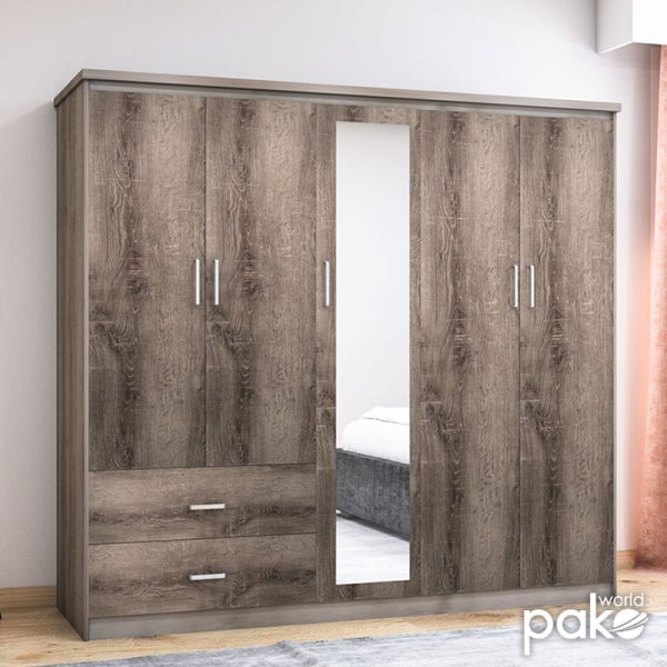 123 000024 2 Wardrobe Olympus pakoworld with 5 doors and drawers+mirror in castillo-toro colour 198x57x183Indoor furniture > Wardrobes