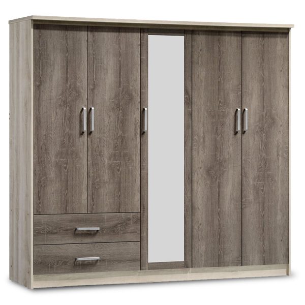 123 000024 Wardrobe Olympus pakoworld with 5 doors and drawers+mirror in castillo-toro colour 198x57x183Indoor furniture > Wardrobes