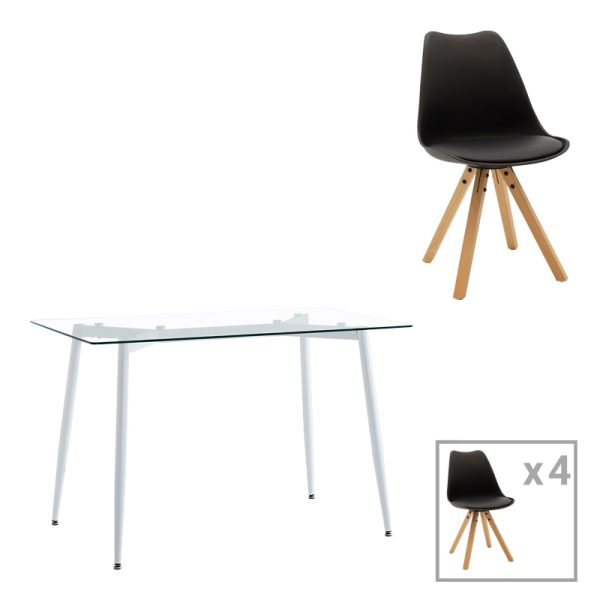 127 000191 Dining table Quana-Caron set of 5 pakoworld glass and pp in black-natural shade 120x70x75cmIndoor furniture > Dinning sets