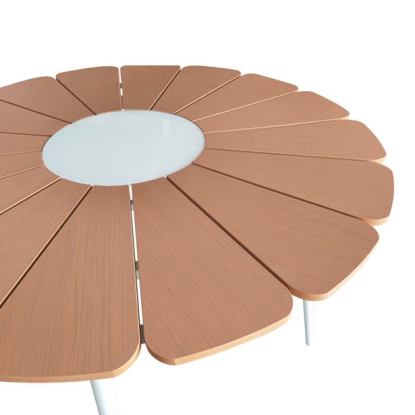 152 000090 2 Pinap table pakoworld white aluminum and plywood in a natural shade D110x74cmOutdoor furniture > Garden dining sets