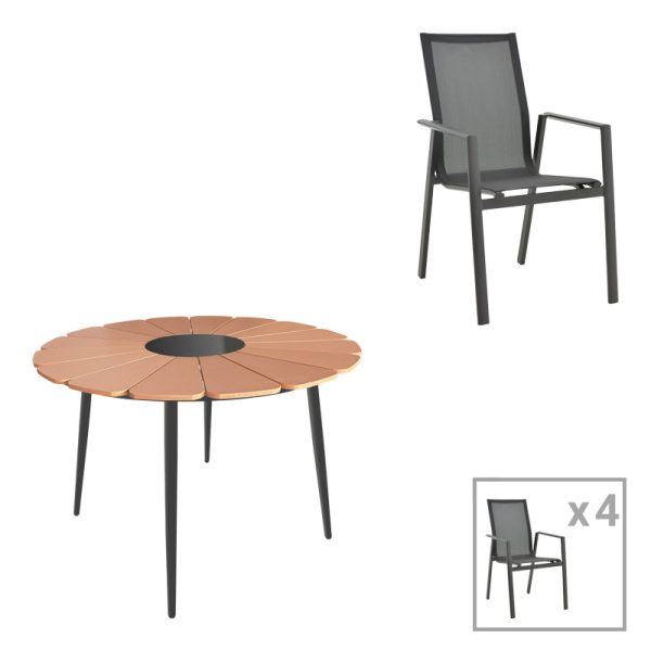 152 000100 Pinap-Dashiell dining table set of 5 pcs pakoworld black aluminum and plywood in natural shade Φ110x74cmOutdoor furniture > Garden food table