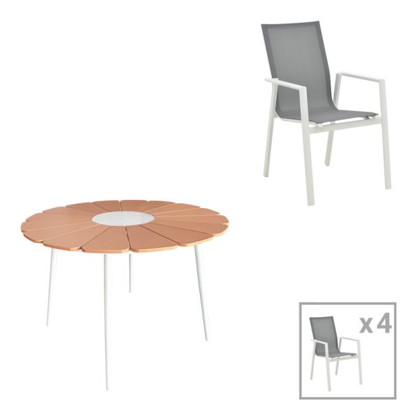 152 000101 Pinap-Dashiell dining table set of 5 pcs pakoworld white aluminum and plywood in natural shade Φ110x74cmOutdoor furniture > Garden food table