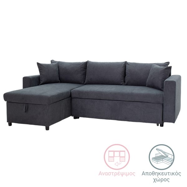 166 000010 Corner sofa-bed reversible Lilian pakoworld fabric anthracite 225x148x81cmIndoor furniture > Cornered sofas