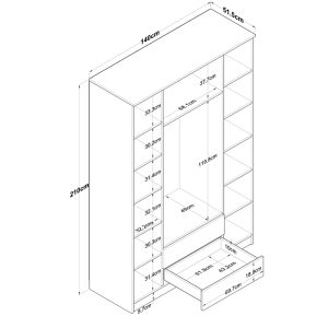 182 000087 4 4 Doors wardrobe with mirror Rersin pakoworld white walnut melamine 140x51.5x210cmIndoor furniture > Wardrobes