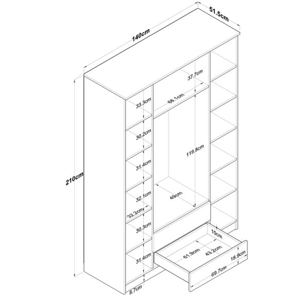 182 000087 4 4 Doors wardrobe with mirror Rersin pakoworld white walnut melamine 140x51.5x210cmIndoor furniture > Wardrobes