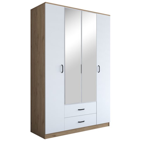 182 000087 4 Doors wardrobe with mirror Rersin pakoworld white walnut melamine 140x51.5x210cmIndoor furniture > Wardrobes