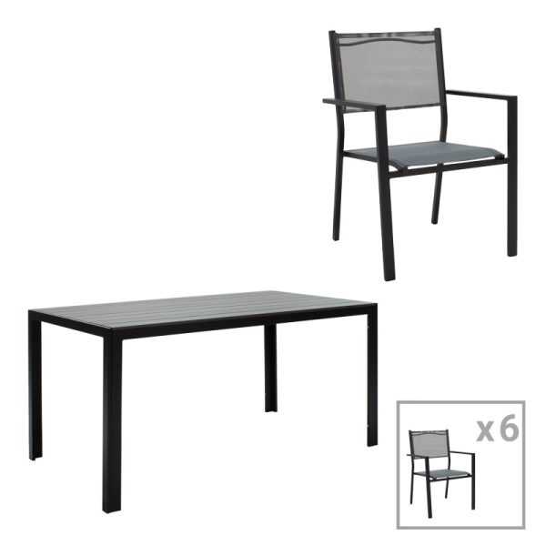 200 000379 Garden dining room Nares-Moly set 7pcs pakoworld aluminum black-textilene grayOutdoor furniture > Garden food table