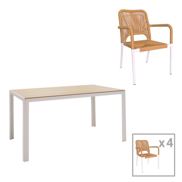 200 000921 Dining table Nares-Norture A set of 5 pakoworld white aluminum and plywood in a natural shade 140x80x72.5cmOutdoor furniture > Garden food table