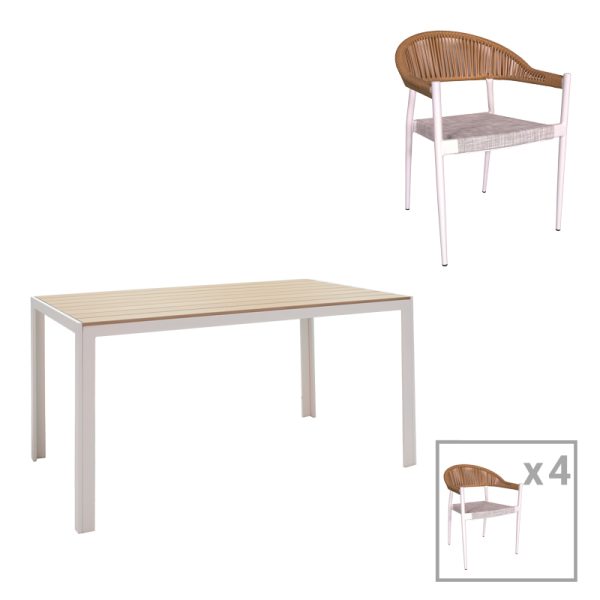 200 000924 Dining table Nares-Elation set of 5 pakoworld white aluminum and plywood in natural shade 140x80x72.5cmOutdoor furniture > Garden food table