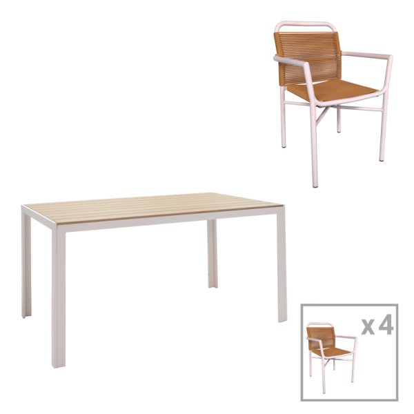 200 000926 Dining table Nares-Clutch A set of 5 pakoworld white aluminum and plywood in a natural shade 140x80x72.5cmOutdoor furniture > Garden food table