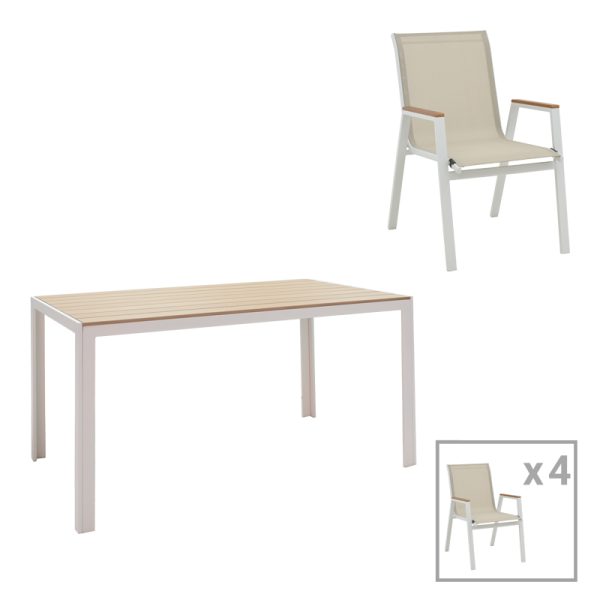 200 000928 Dining table Nares-Azelie A set of 5 pakoworld white aluminum and plywood in a natural shade 140x80x72.5cmOutdoor furniture > Garden food table