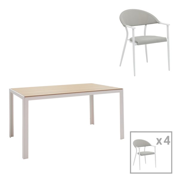 200 000929 Dining table Nares-Pino A set of 5 pakoworld white aluminum and plywood in a natural shade 140x80x72.5cmOutdoor furniture > Garden food table