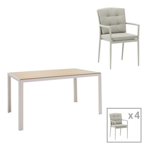 200 000930 Nares-Moritz dining table set of 5 pakoworld white aluminum and plywood in a natural shade 140x80x72.5cmEASTER OFFERS