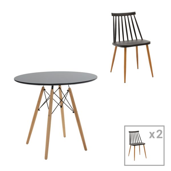 200 000967 Aurora-Julita pakoworld dining table set of 3 pp-mdf in black-natural color D80x73cmIndoor furniture > Dinning sets