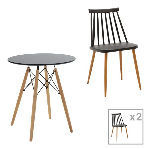 200 000971 Aurora-Julita pakoworld dining table set of 3 pp-mdf in black-natural color D60x73cmIndoor furniture > Dinning sets