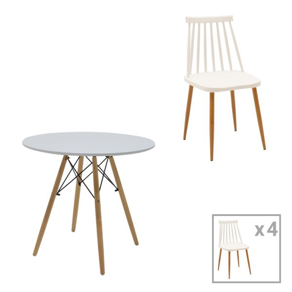 200 000979 Aurora-Julita pakoworld dining table set of 5 pp-mdf in white-natural color D80x73cmIndoor furniture > Dinning sets