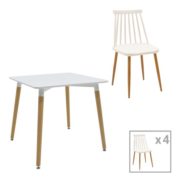 200 000981 Aurora-Natali pakoworld dining table set of 5 pp-mdf in white-natural color 80x80x76cmIndoor furniture > Dinning sets