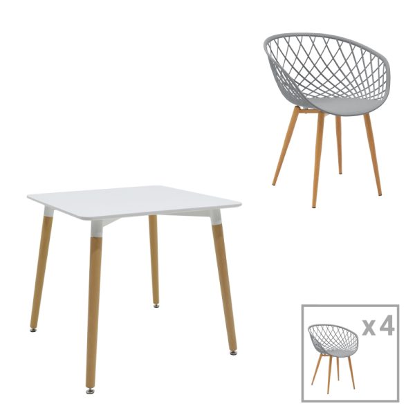 200 000999 Ezra-Natali pakoworld dining table set of 5 pp-mdf in grey-white color with natural legs 80x80x76cmIndoor furniture > Dinning sets